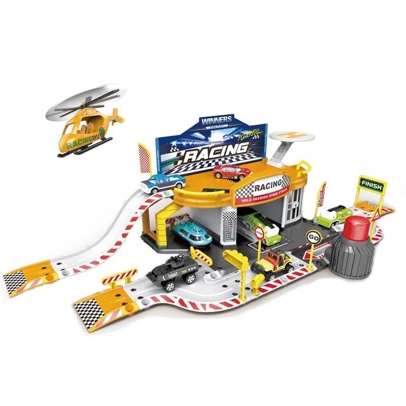 Parking con Coches de Carreras y Helicóptero